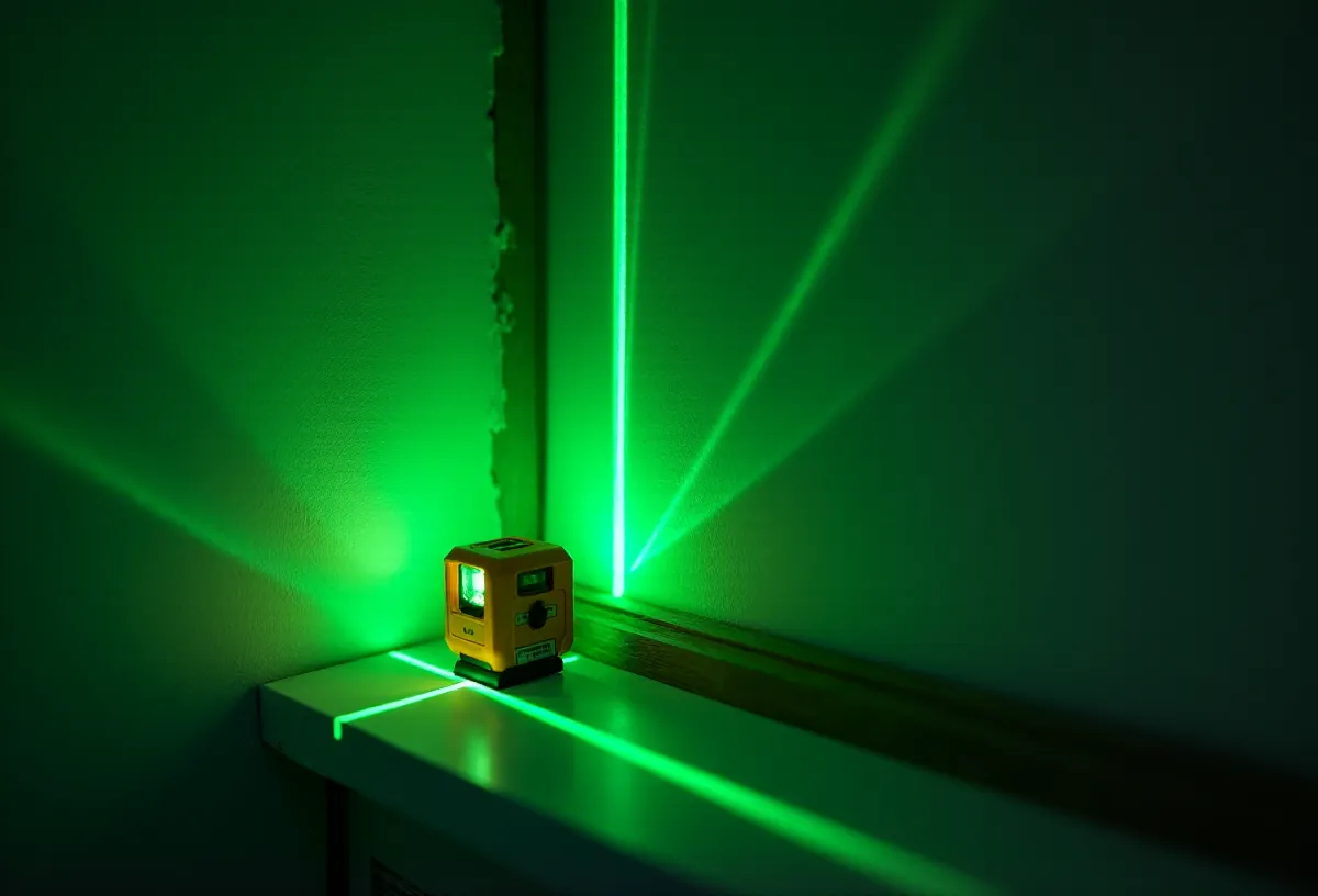Laser krzyżowy rzuca zielone linie na świeżo otynkowany narożnik